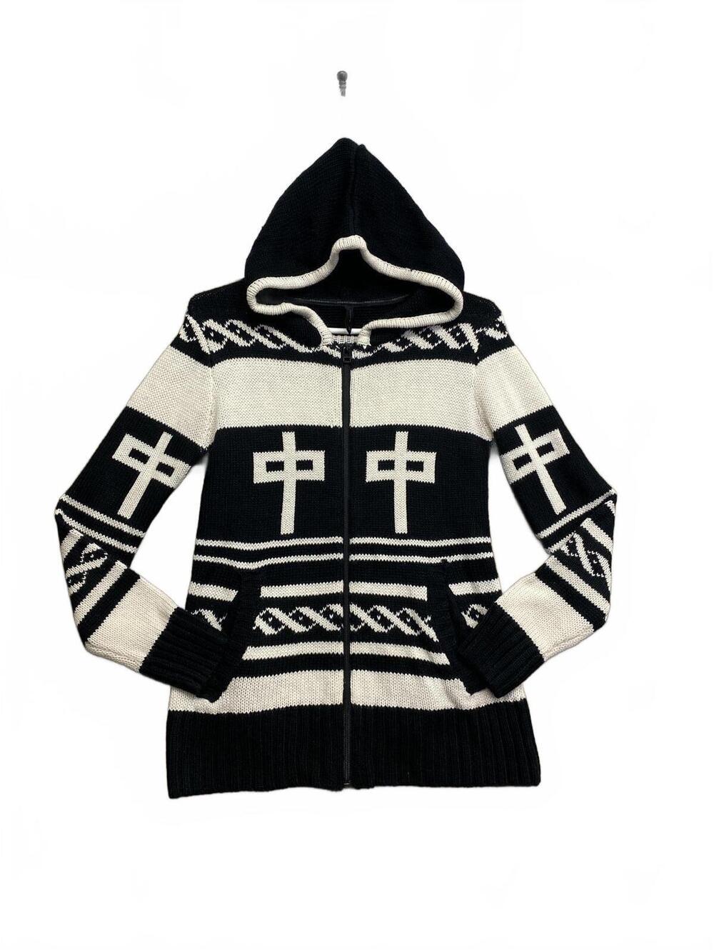 Vintage Y2K Red Dragon Black and White Women's Knitted Zip-Up Hoodie Size Medium